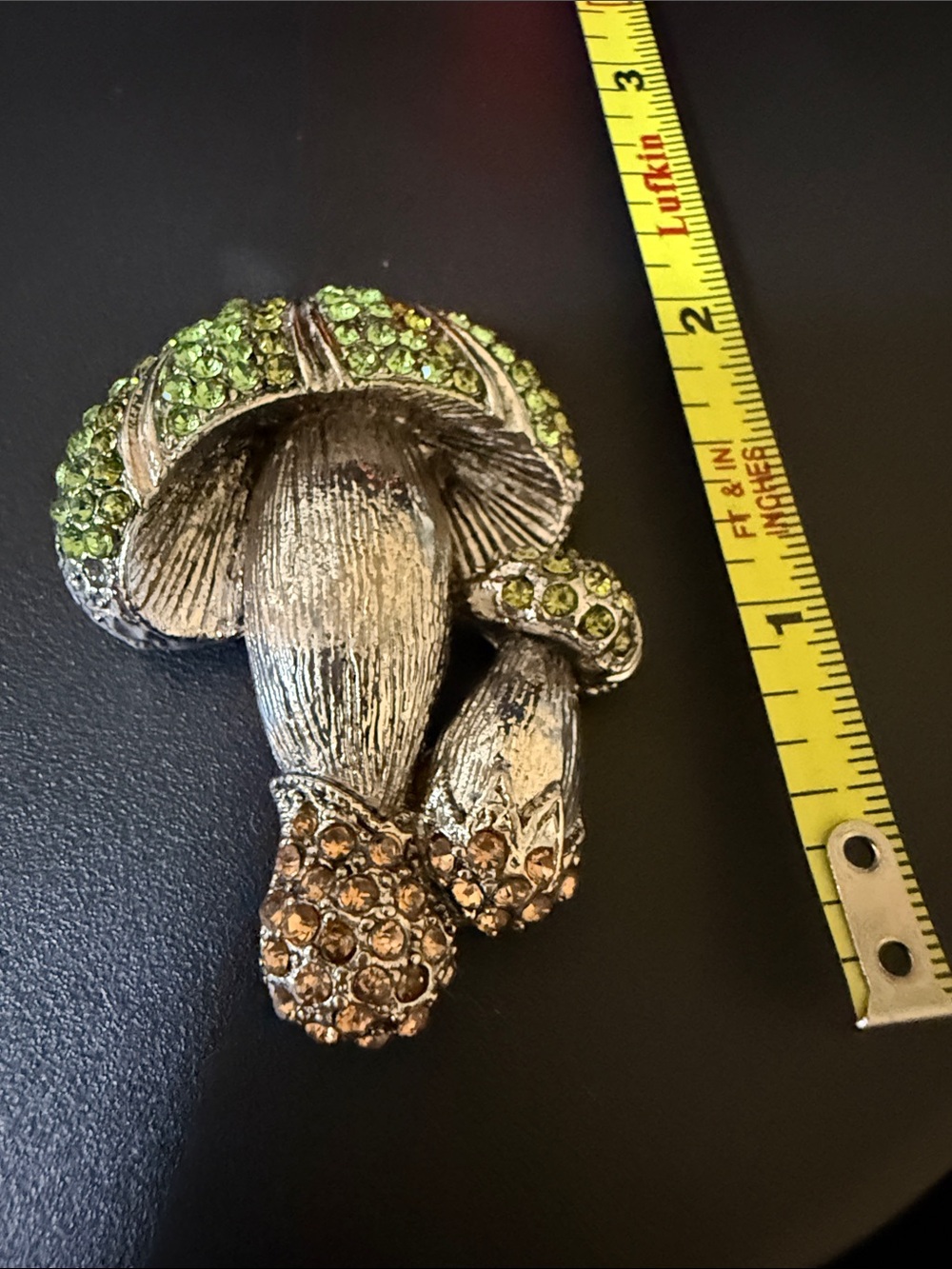 Vintage-Style Mushroom Brooch with Green and Brown Crystals